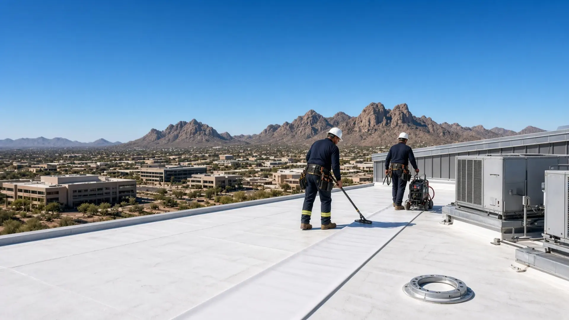 Commercial roofing crew rolling white TPO membrane on a Scottsdale roof